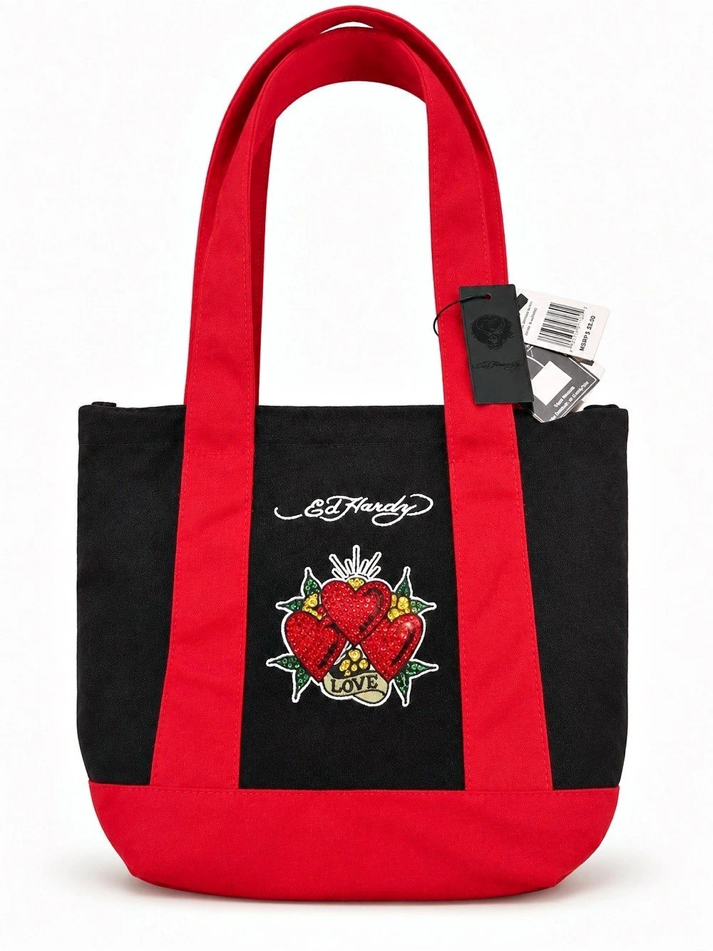 Ed Hardy Black & Red Canvas Tote with Triple Hearts Rhinestone Graphic